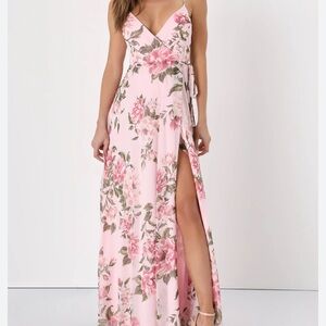Lulu’s Floral Pink Wrap Maxi Dress